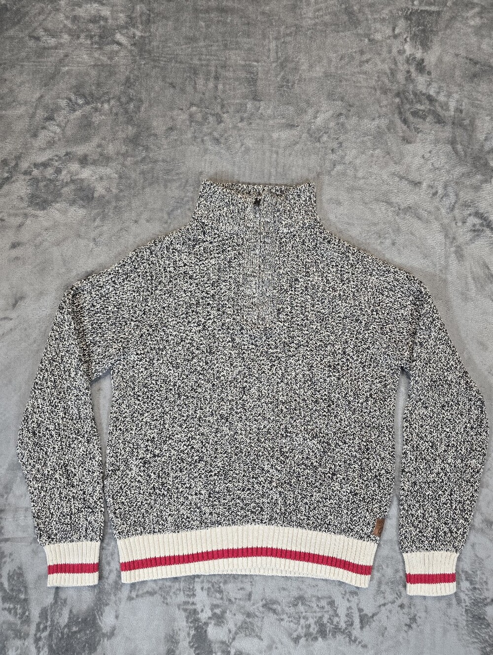 Roots Cabin 1/4 Zip Salt Pepper Knit Mock Neck Sweater Size Small Gray